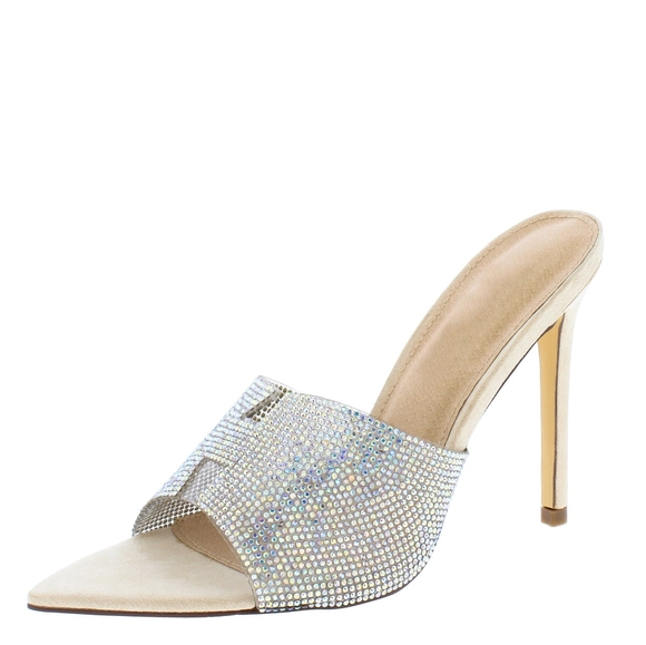 Liliana Shoes - LILIANA Nude Pointed Peep Toe Rhinestone Mule Heel